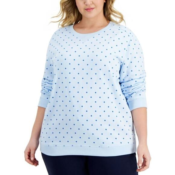 Karen Scott Plus Size Simple Dot Fleece Sweatshirt in Nantucket Breeze 1X $22 - Picture 1 of 4